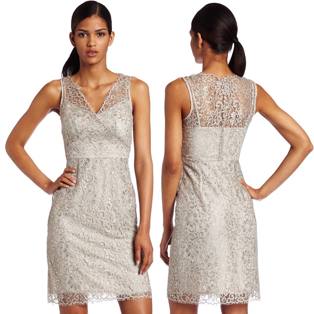 BCBGMAXAZRIA Lynette shimmery silver lace dress